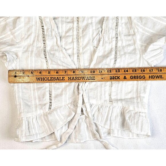 Harper & Me Womens Open Front Wrap Top White Striped Ruffle Hem - Picture 6 of 8